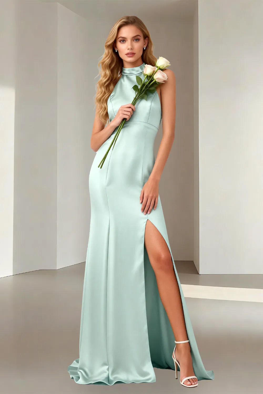 Halter High-Neck Satin Mermaid Evening Gown with Slit