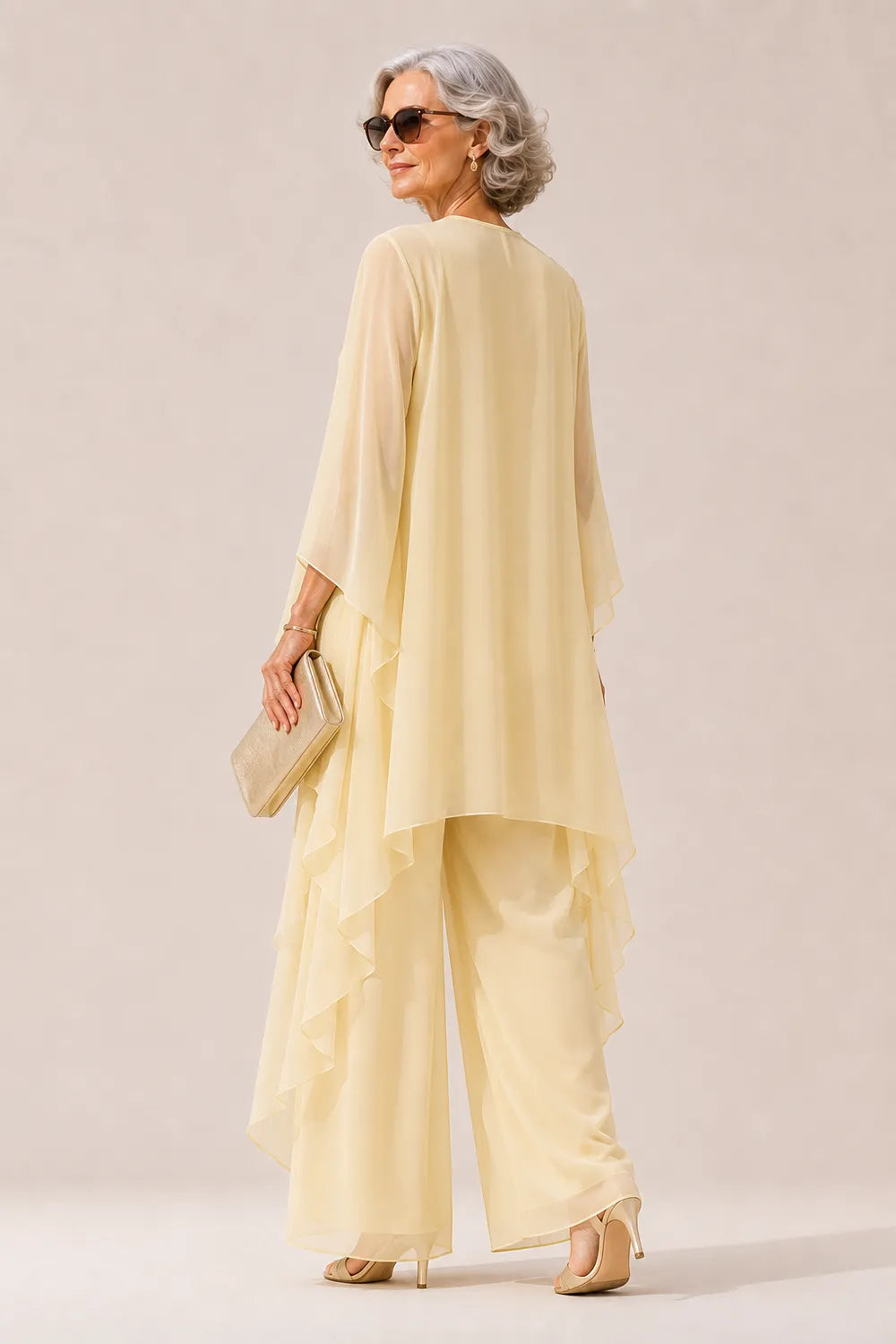 Elegant Beaded Neckline Three-Piece Pant Suit