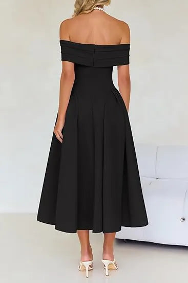 Off-Shoulder Elegance A-Line Midi Dress