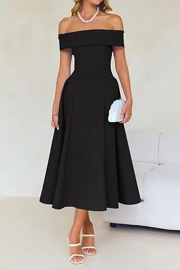 Off-Shoulder Elegance A-Line Midi Dress