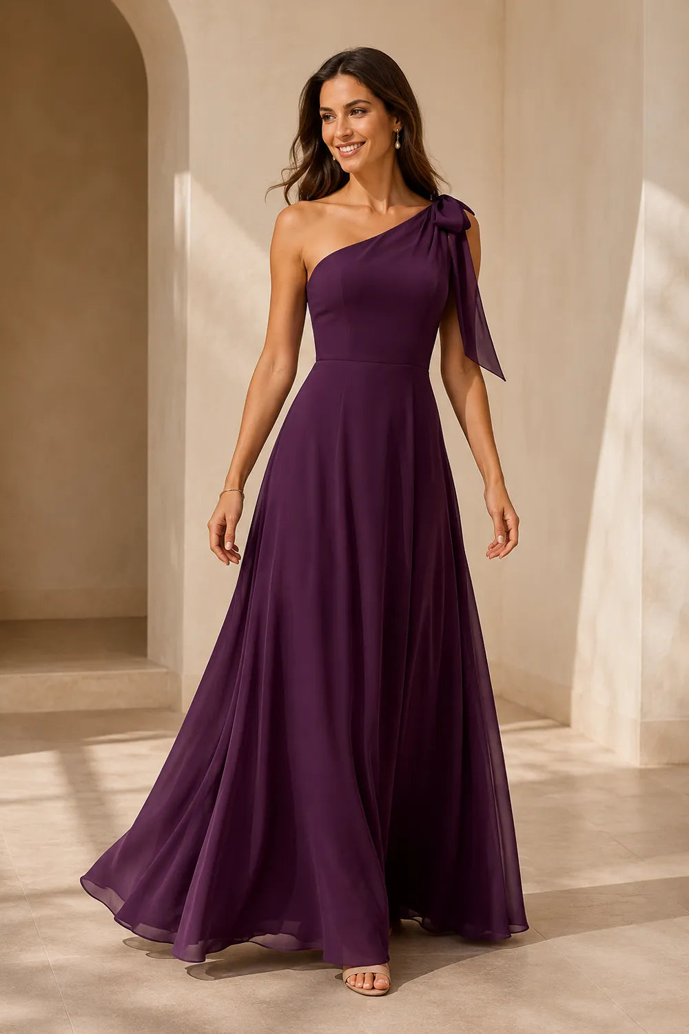 Flowing One Shoulder Evening Gown