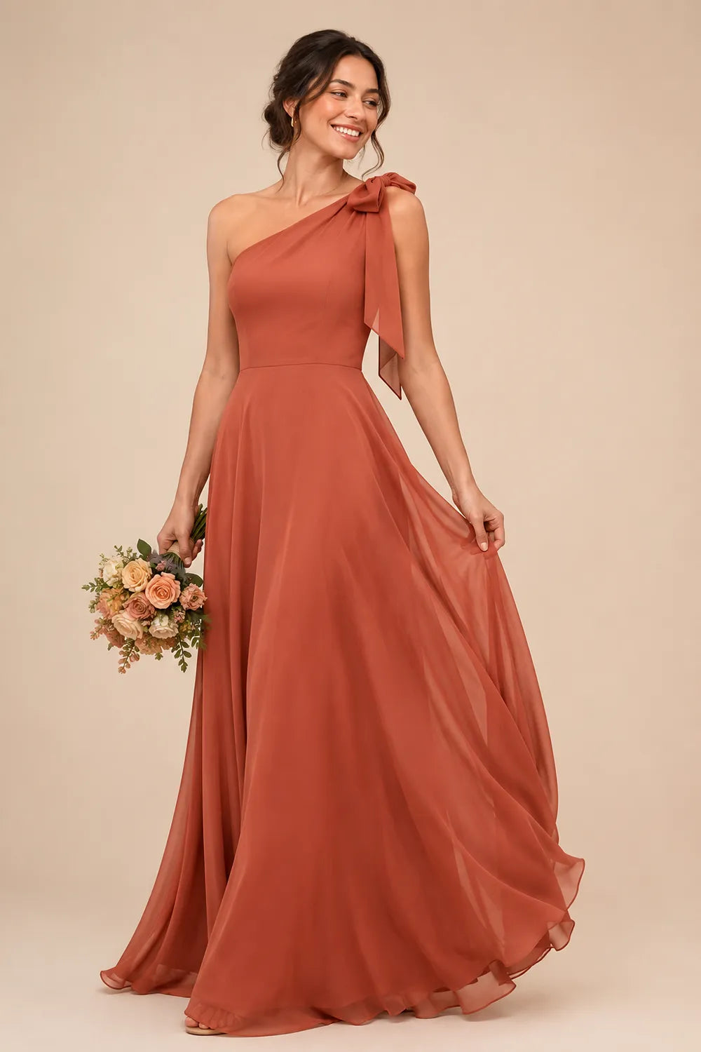 Flowing One Shoulder Evening Gown