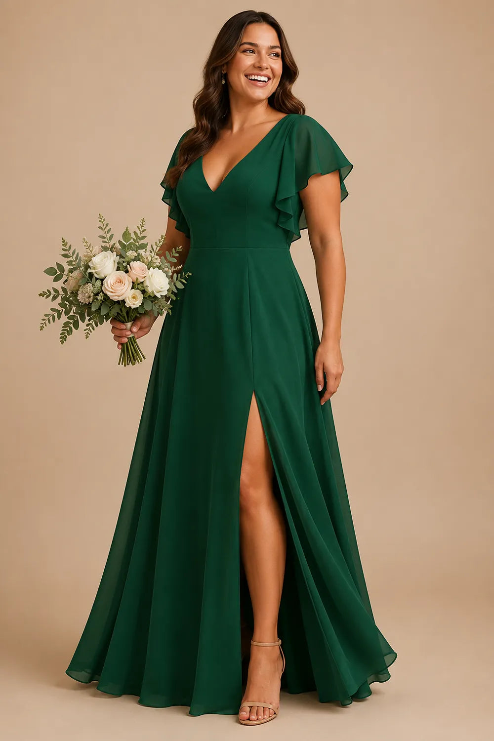 Flowing Flutter Sleeve Bridesmaid Dress