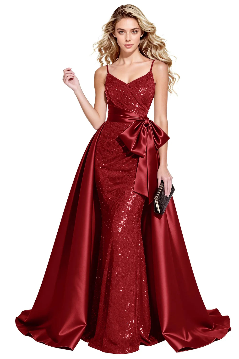Glamorous Sequin Formal Gown with Statement Satin Bow