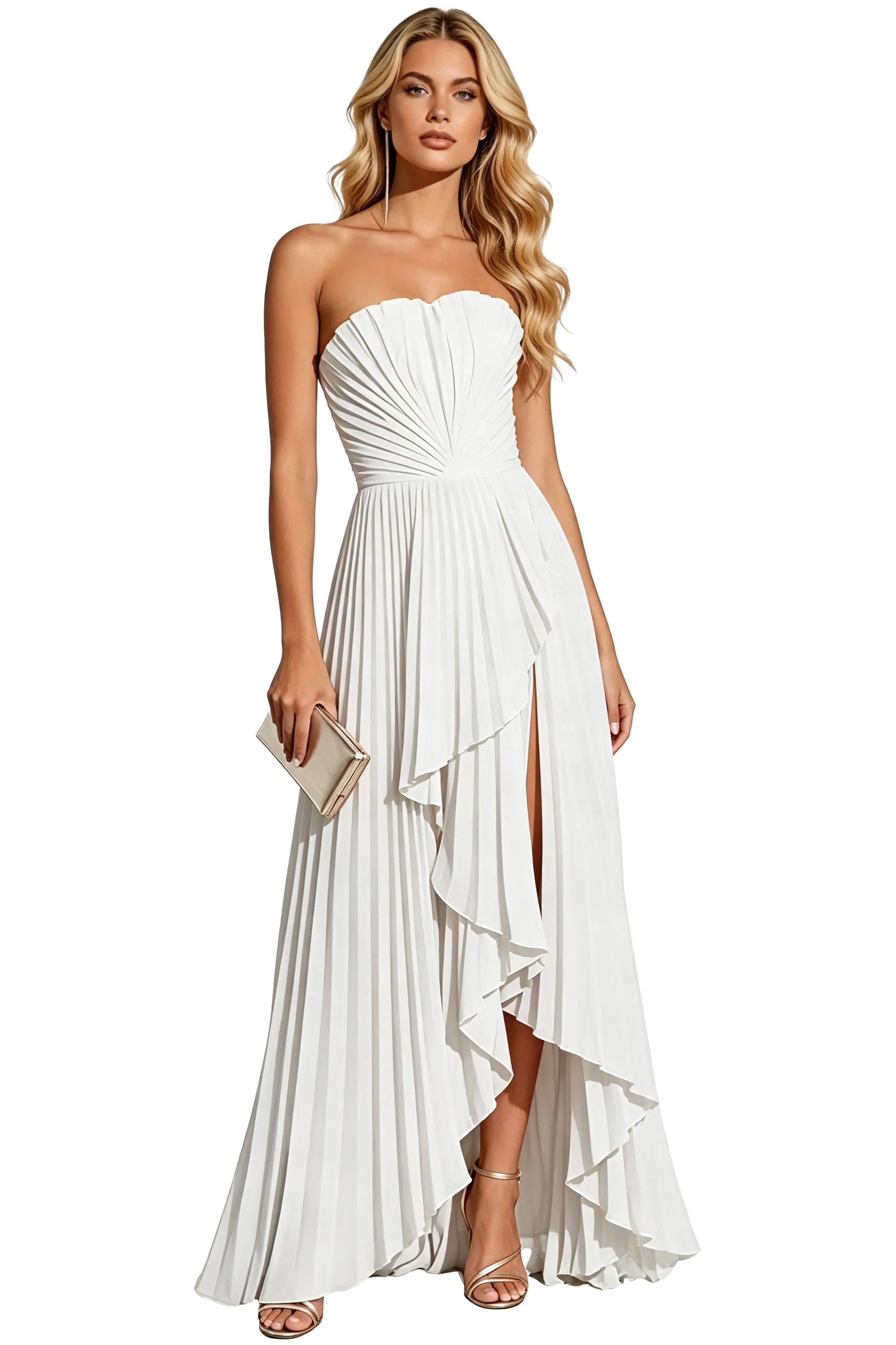 Statement Pleated Strapless High Slit Formal Gown