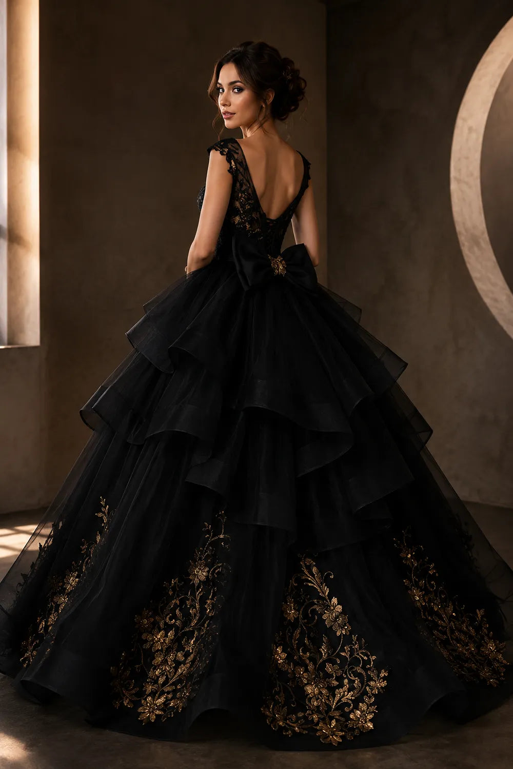 Luxury Embroidered Tiered Ball Gown with Back Bow