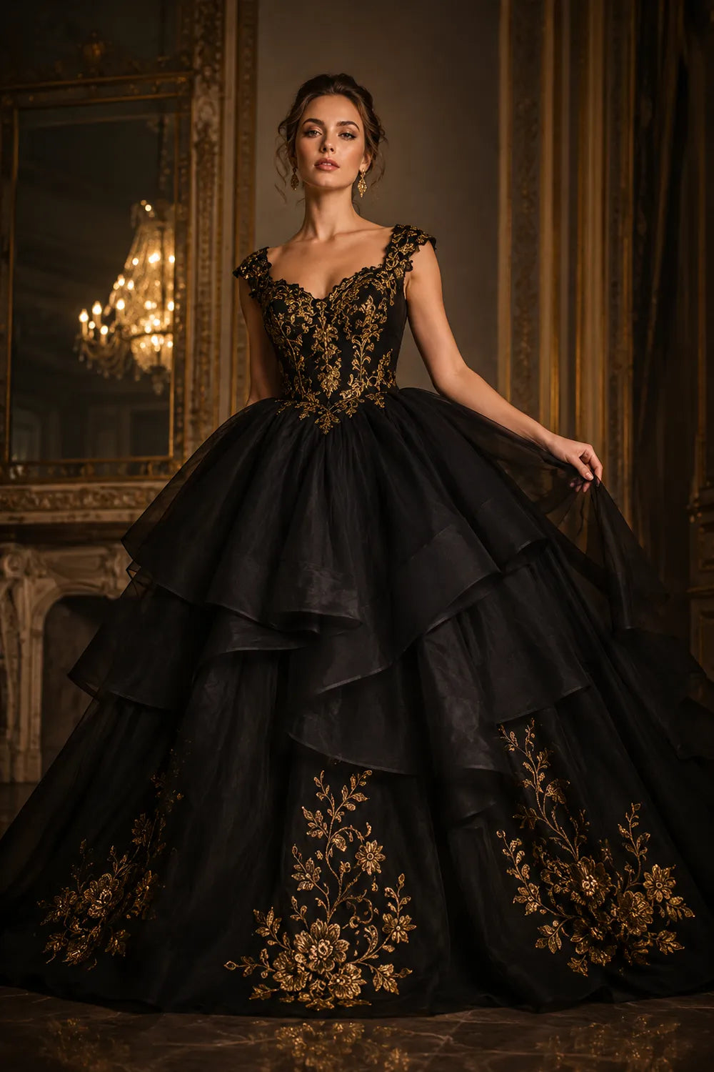 Luxury Embroidered Tiered Ball Gown with Back Bow