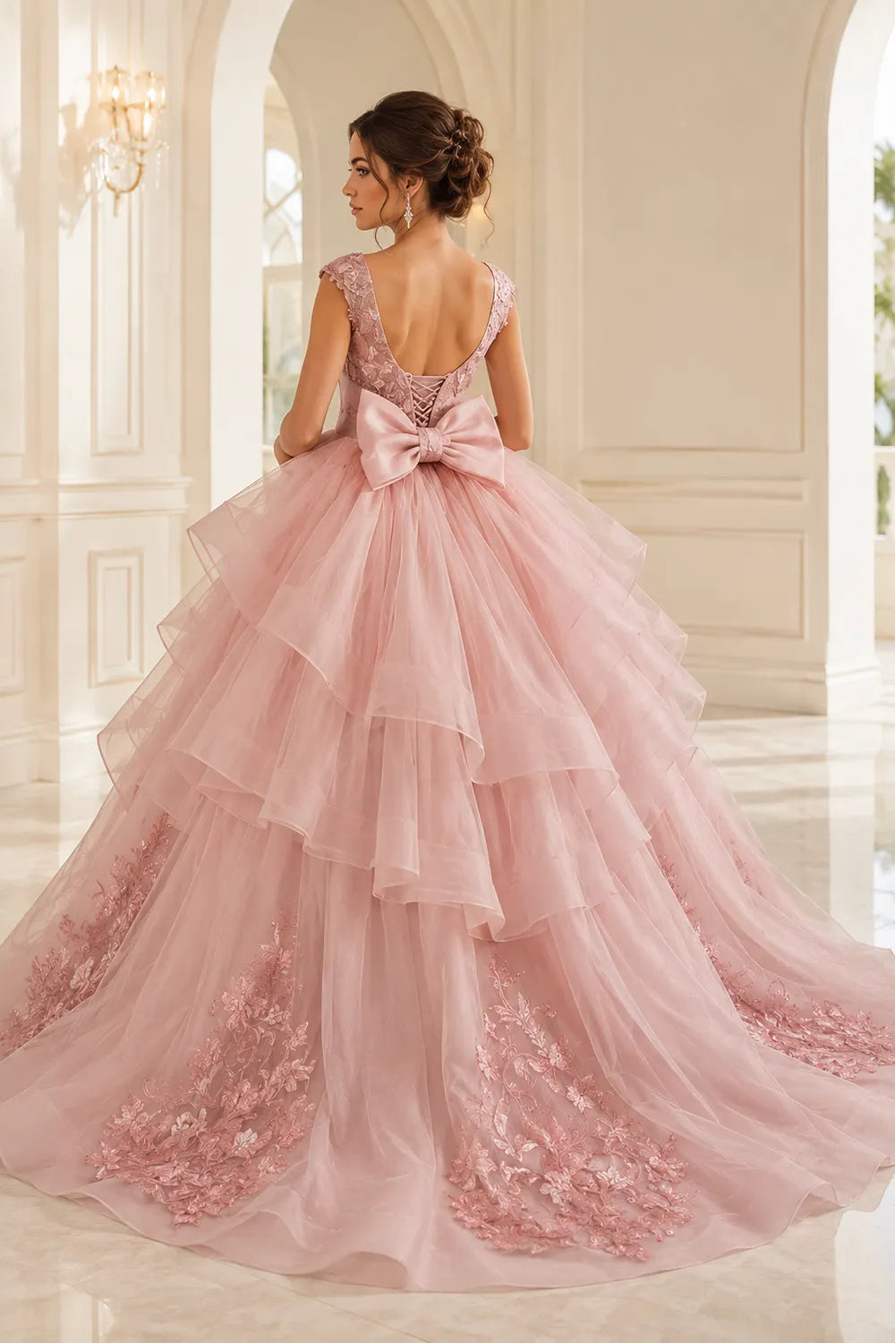 Luxury Embroidered Tiered Ball Gown with Back Bow