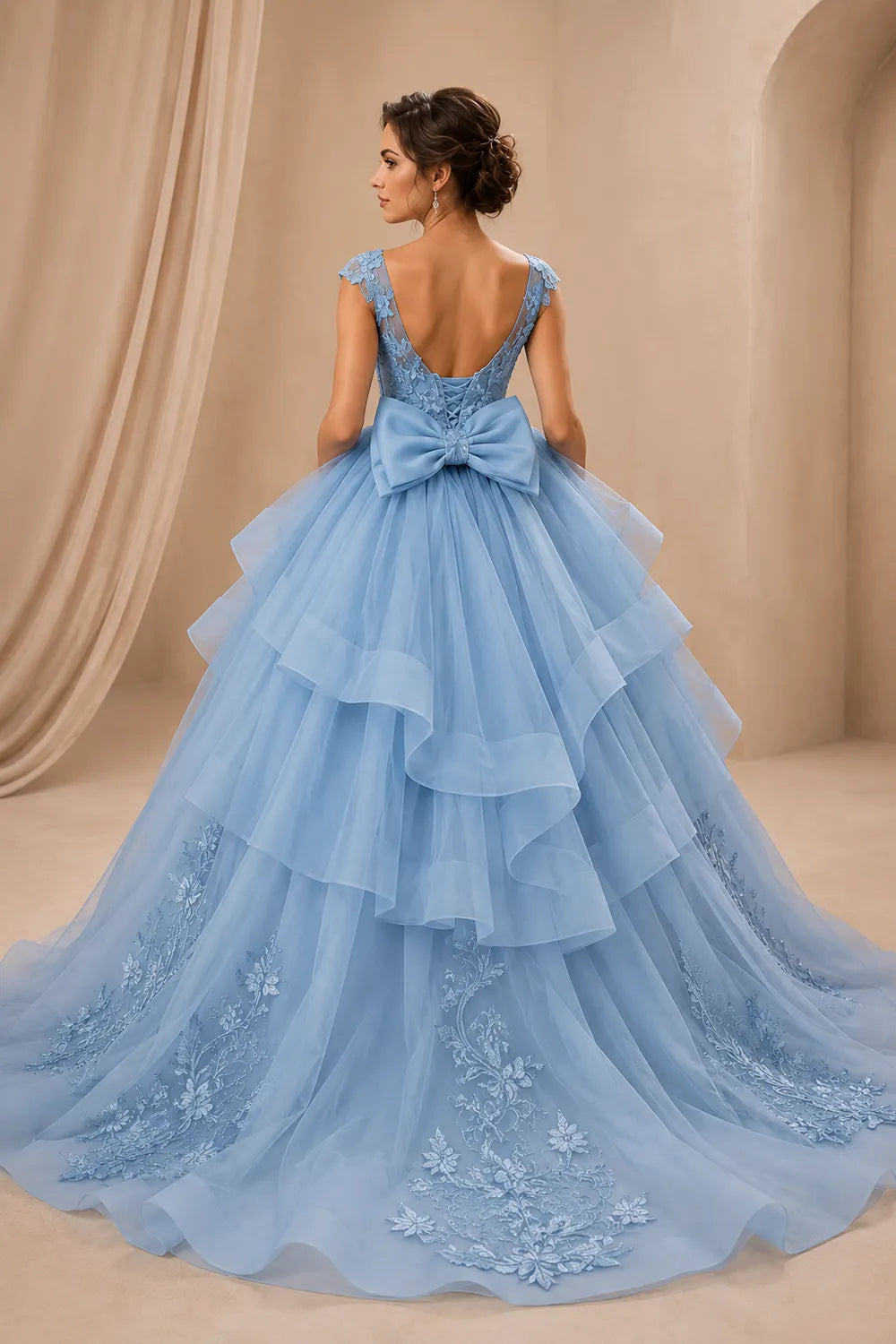 Luxury Embroidered Tiered Ball Gown with Back Bow