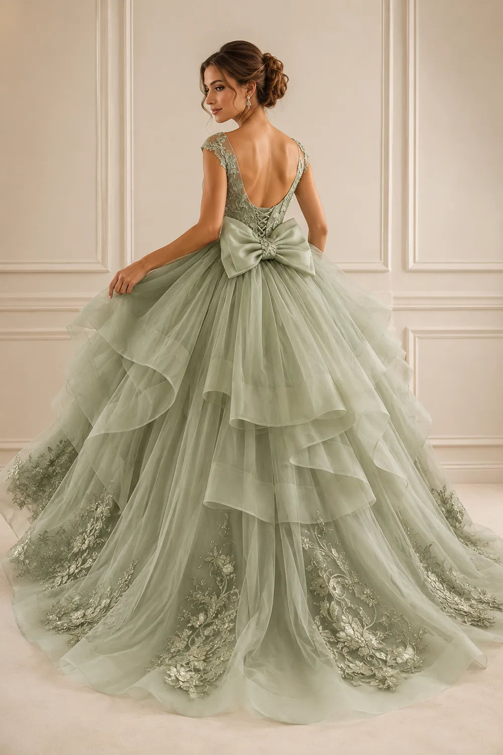 Luxury Embroidered Tiered Ball Gown with Back Bow