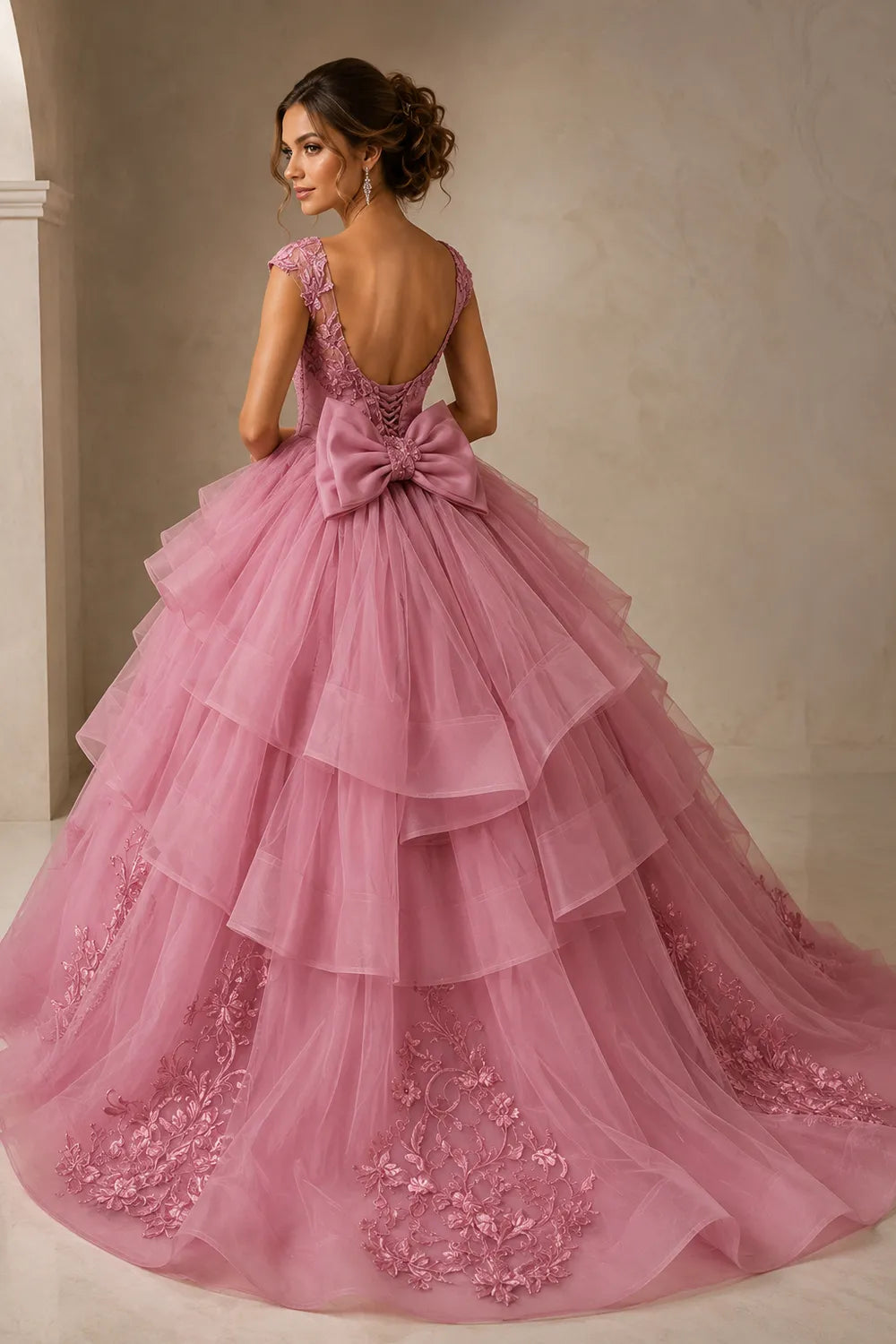 Luxury Embroidered Tiered Ball Gown with Back Bow