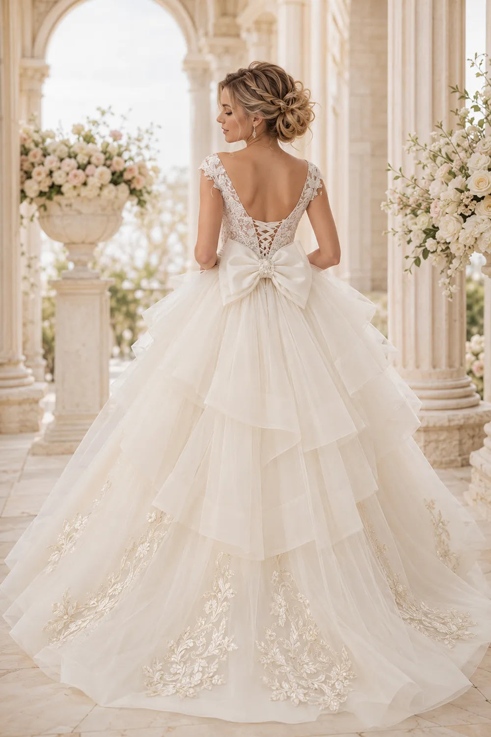 Luxury Embroidered Tiered Ball Gown with Back Bow