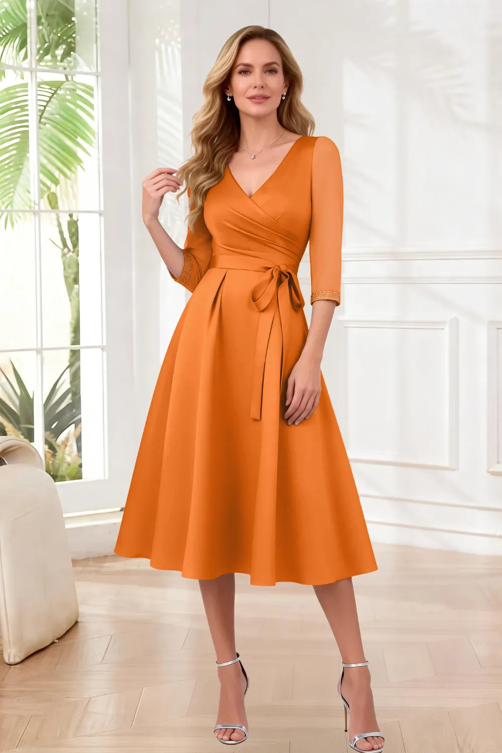 Classic A-Line Midi Dress with Waist Tie Detail