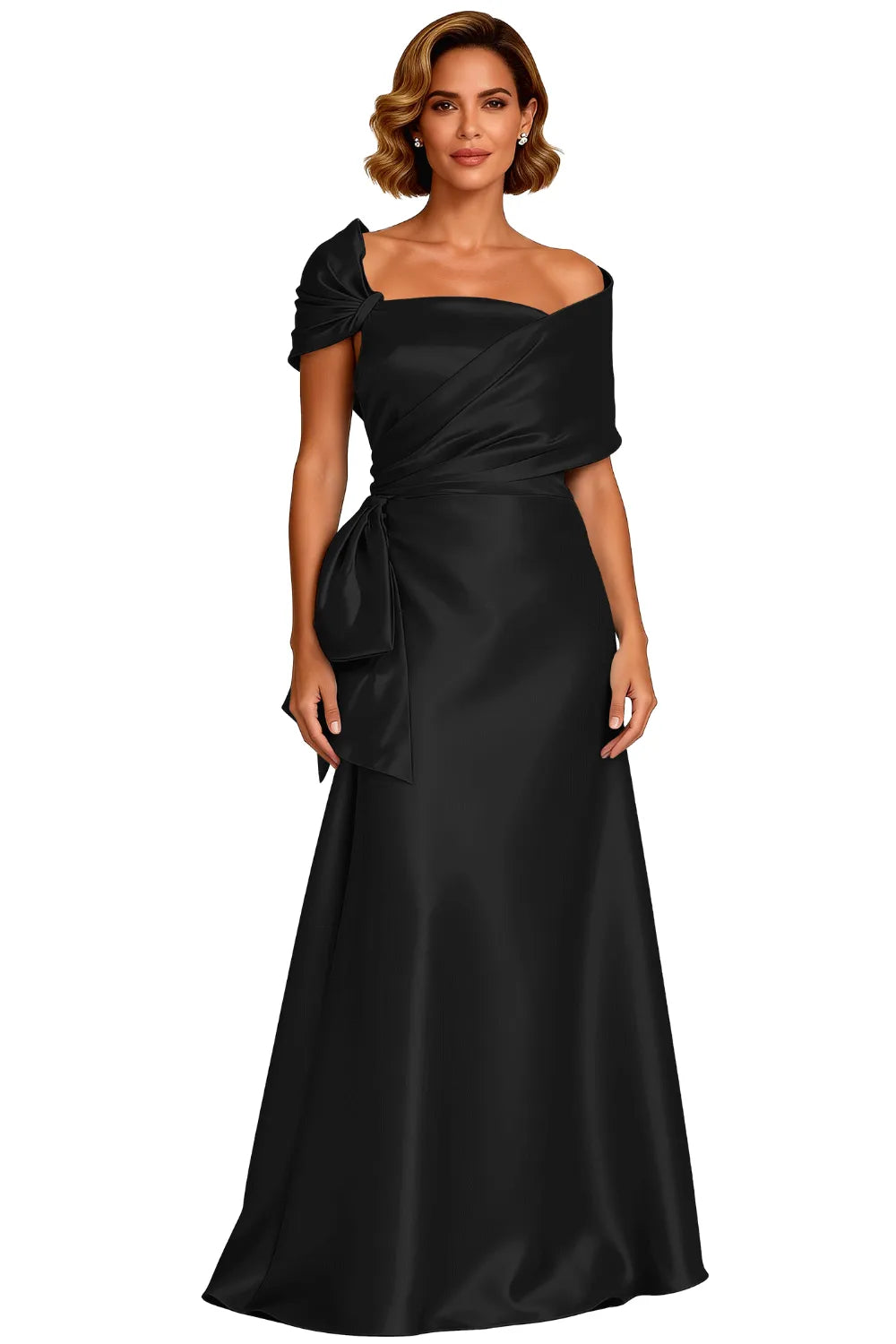 Asymmetrical Neck Floor Length Satin Formal Evening Gown
