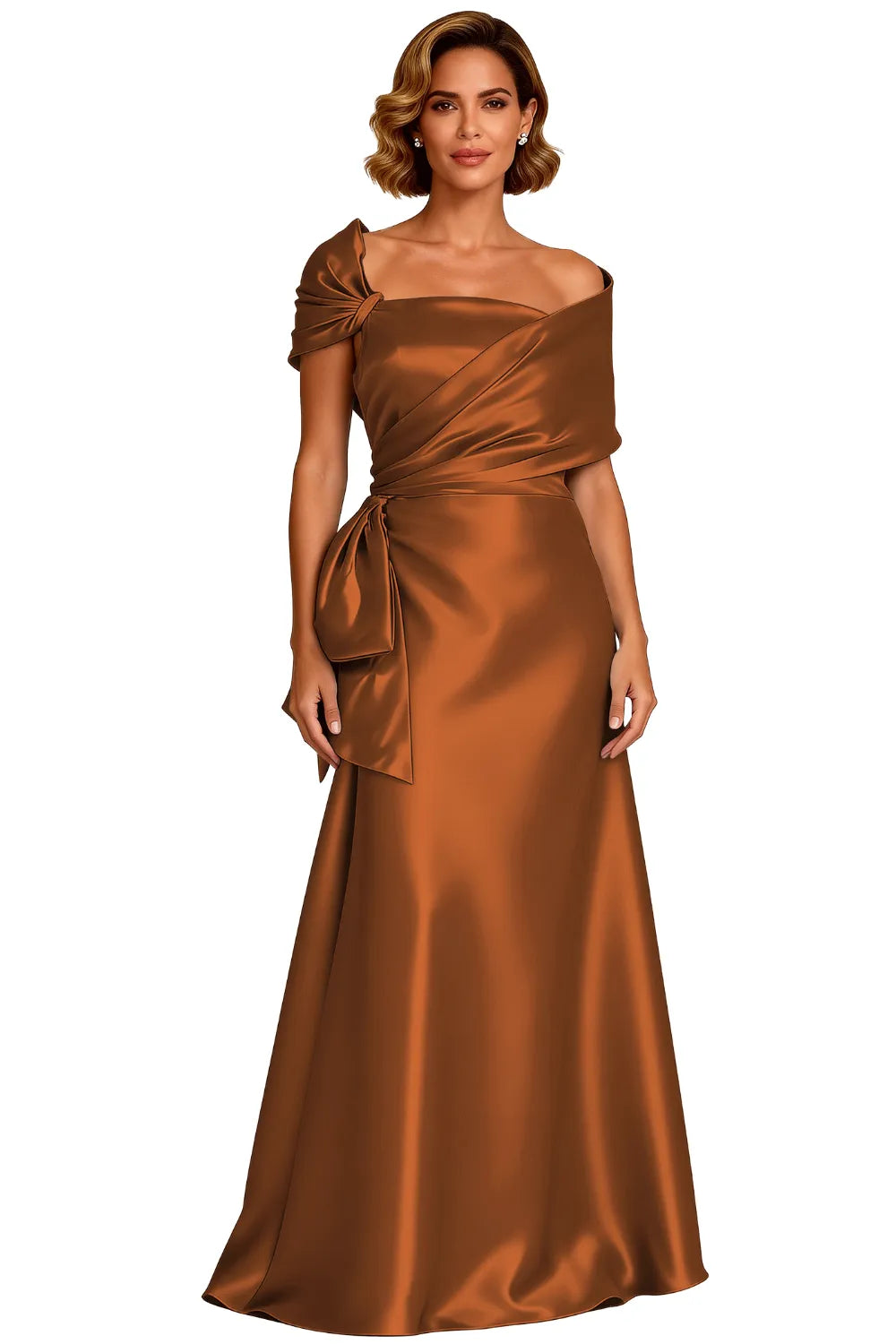 Asymmetrical Neck Floor Length Satin Formal Evening Gown