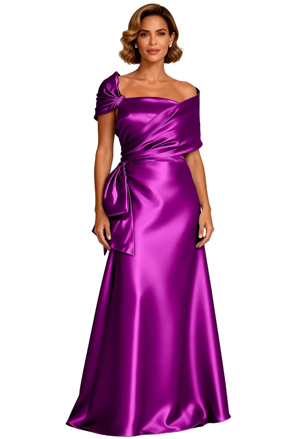 Asymmetrical Neck Floor Length Satin Formal Evening Gown