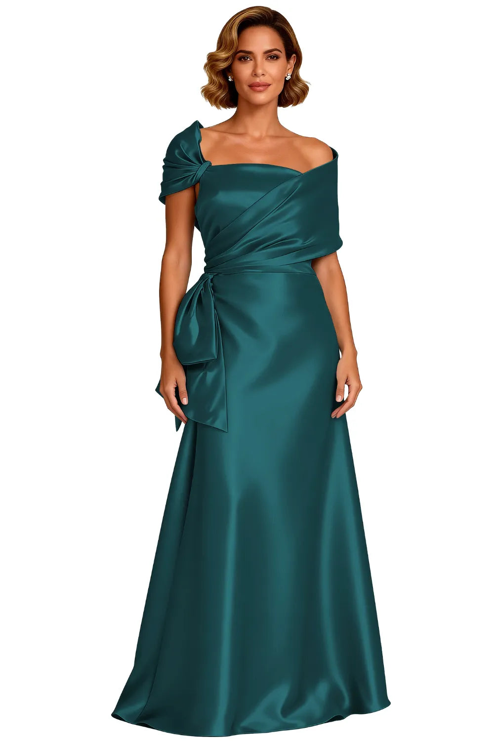 Asymmetrical Neck Floor Length Satin Formal Evening Gown