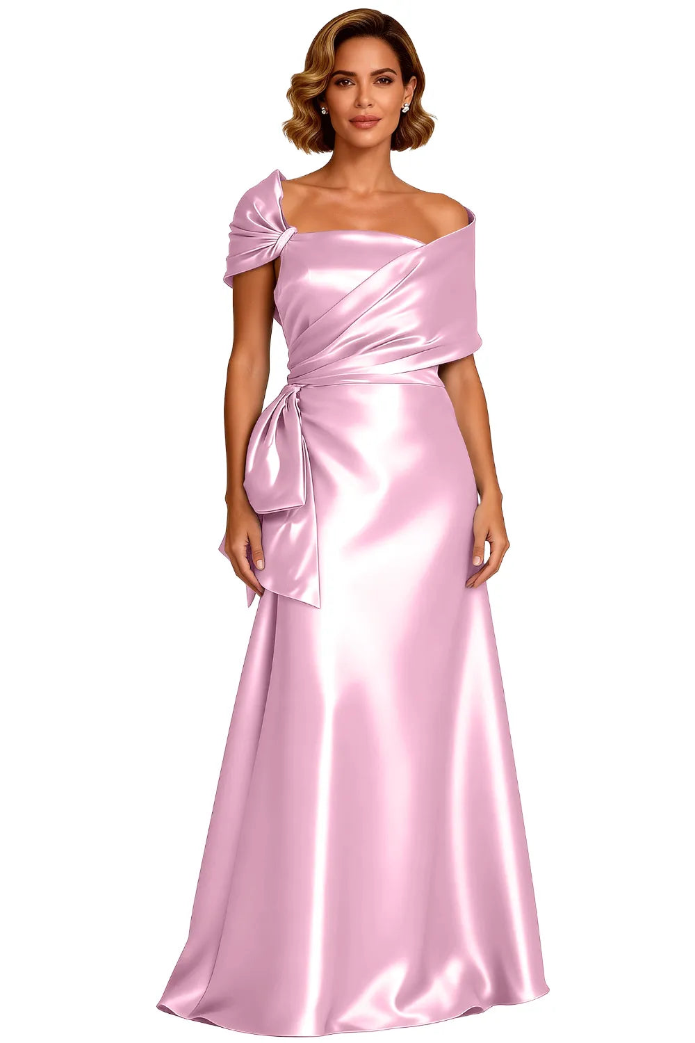 Asymmetrical Neck Floor Length Satin Formal Evening Gown