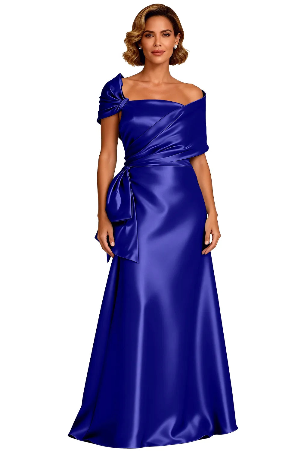 Asymmetrical Neck Floor Length Satin Formal Evening Gown