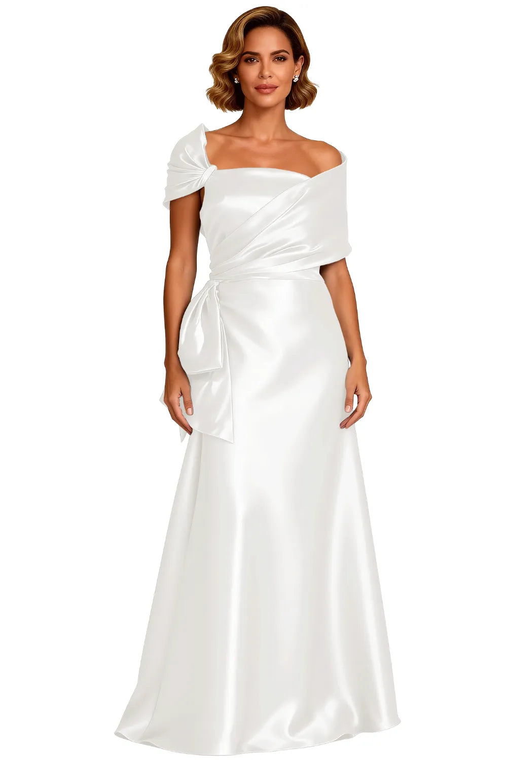 Asymmetrical Neck Floor Length Satin Formal Evening Gown