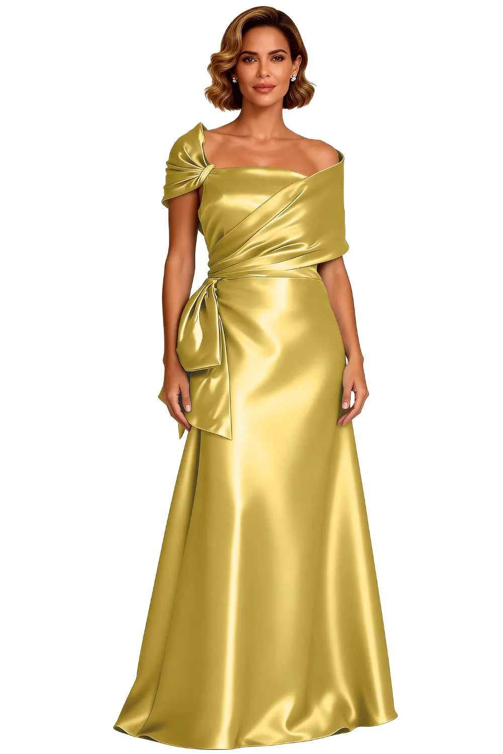 Asymmetrical Neck Floor Length Satin Formal Evening Gown