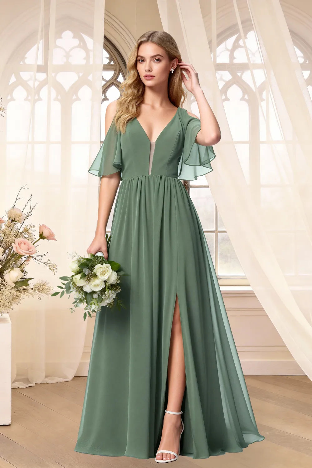 Romantic V-Neck Chiffon Bridesmaid Maxi Dress