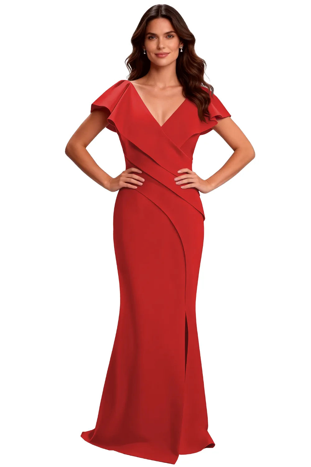 V-Neck Draped Flutter Sleeve Formal Maxi Gown