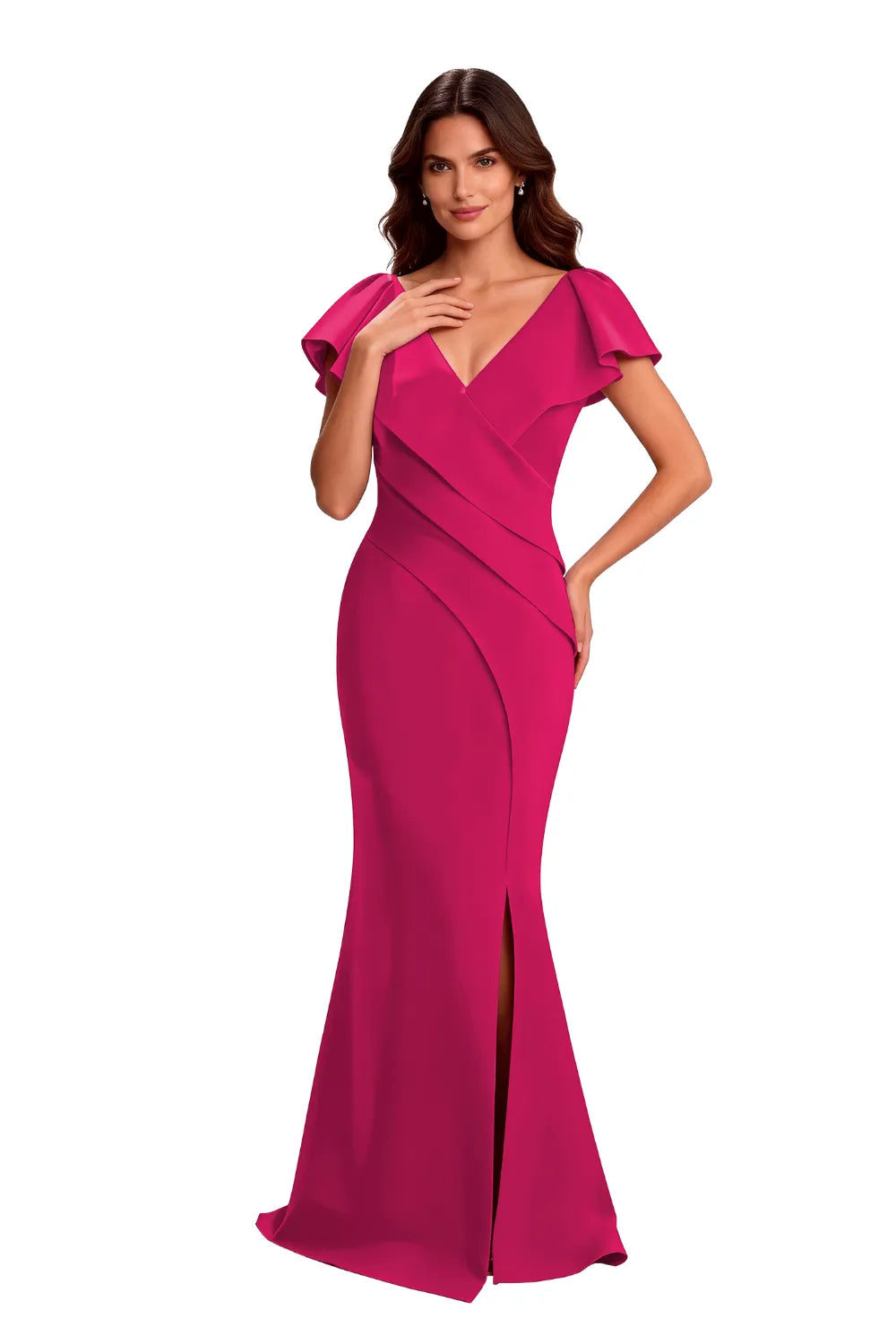 V-Neck Draped Flutter Sleeve Formal Maxi Gown