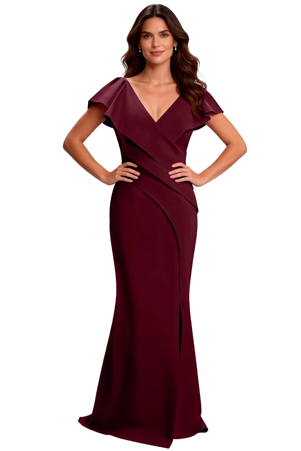 V-Neck Draped Flutter Sleeve Formal Maxi Gown