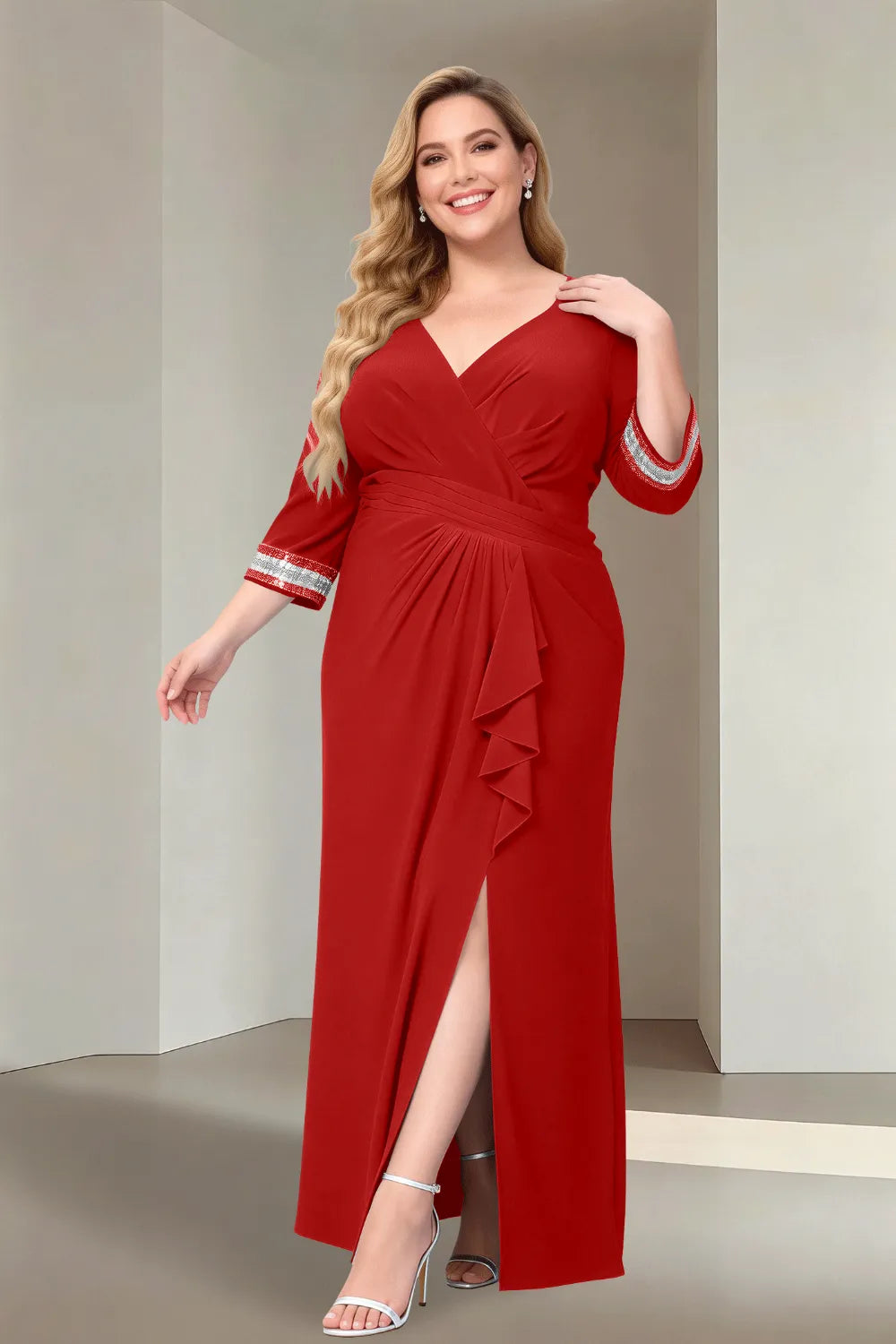 Plus Size V-Neck Wrap Evening Dress with Side Slit