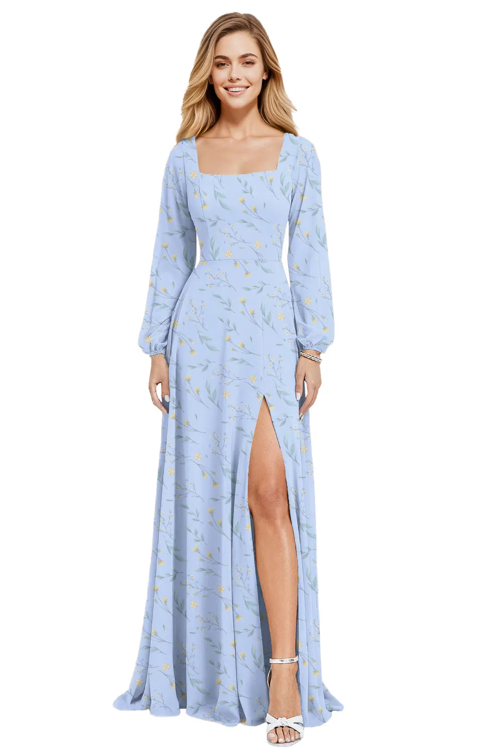 Floral Chiffon Maxi Evening Dress with Square Neckline