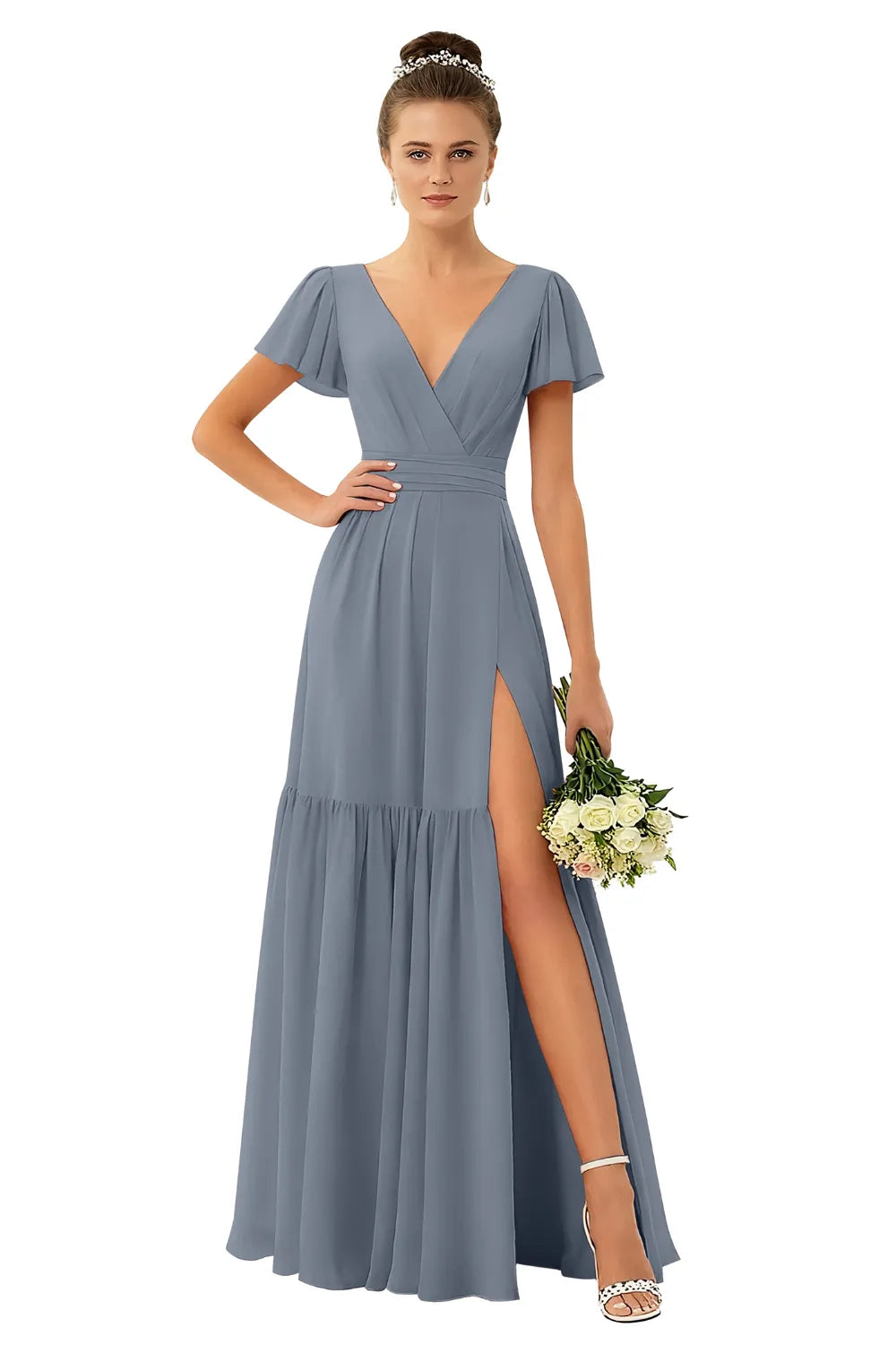 Flowy V-Neck Chiffon Formal Maxi Dress