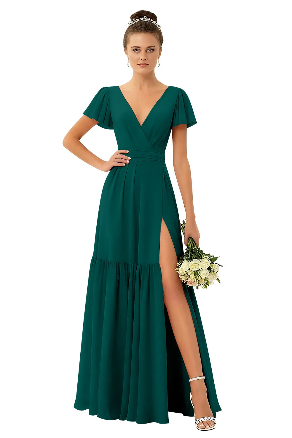 Flowy V-Neck Chiffon Formal Maxi Dress