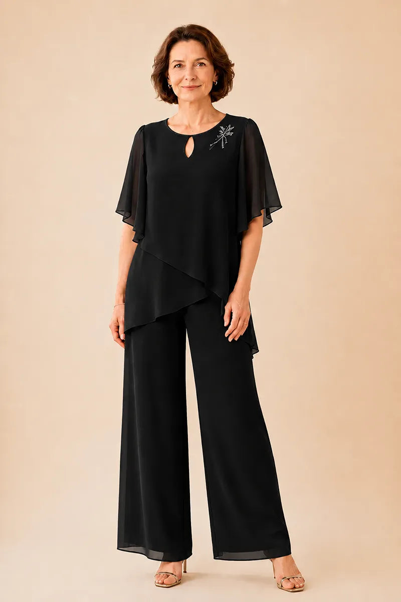 Embellished Keyhole Chiffon Overlay Pant Set