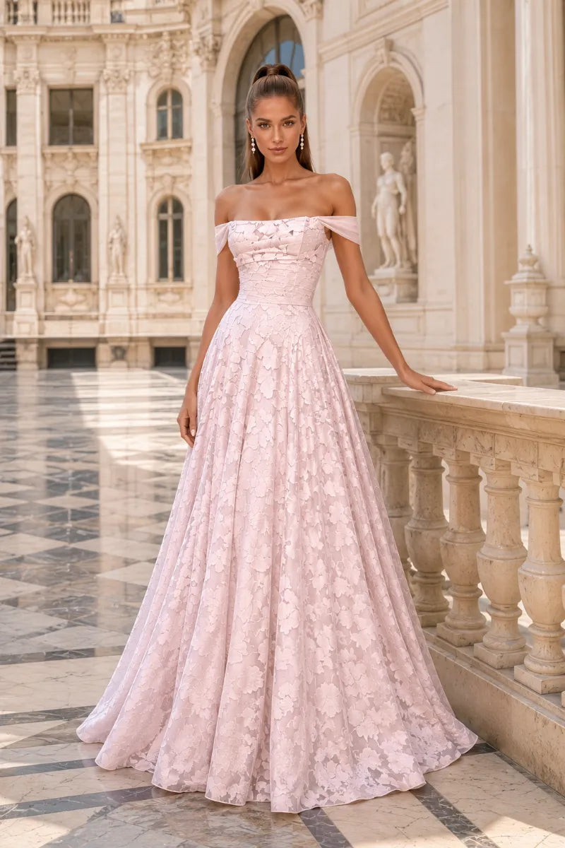 Aurora Off Shoulder Jacquard A-Line Evening Gown