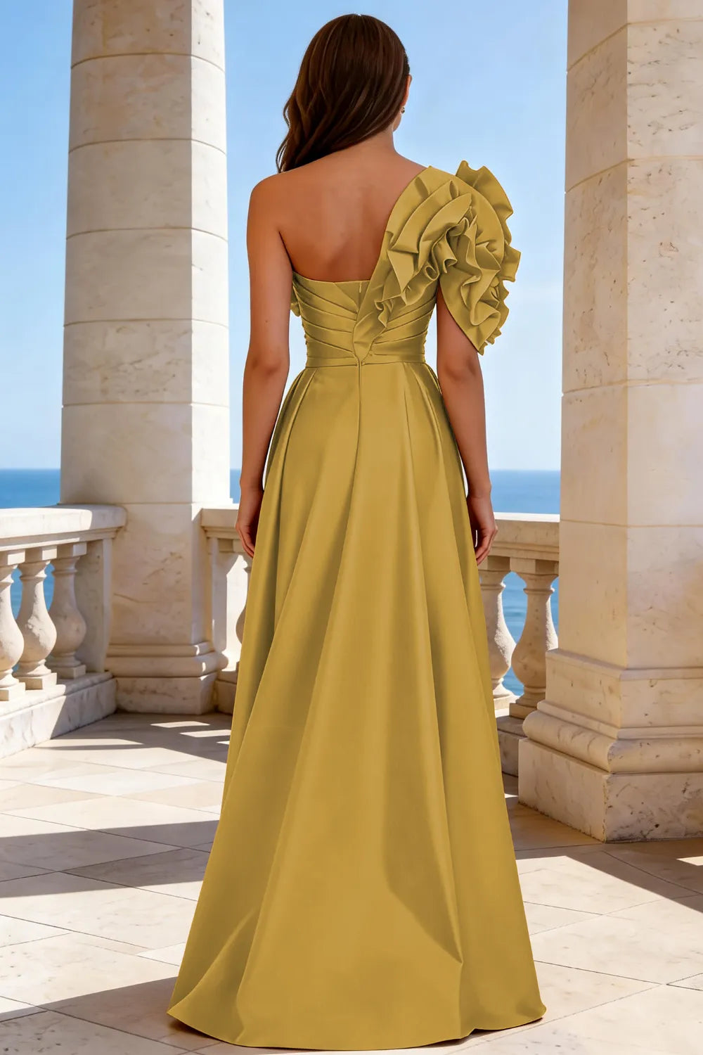 Luxury One Shoulder Ruffle Satin Evening Gown with High Slit