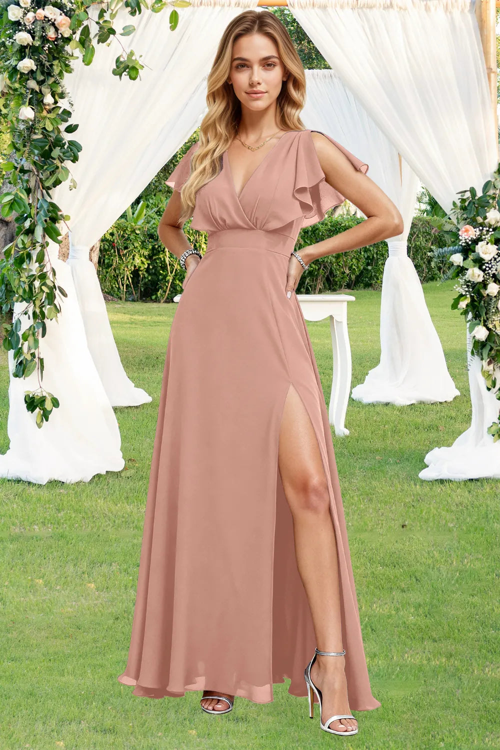 Ruffle Sleeve Lace-Up Back Maxi Dress for Garden Weddings