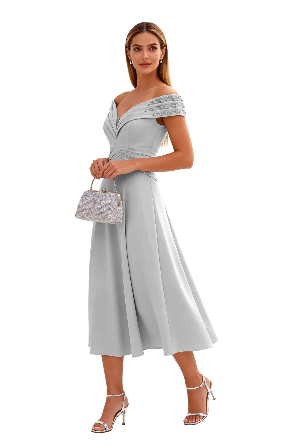 Embellished V-Neck Tea-Length Evening Party Gown