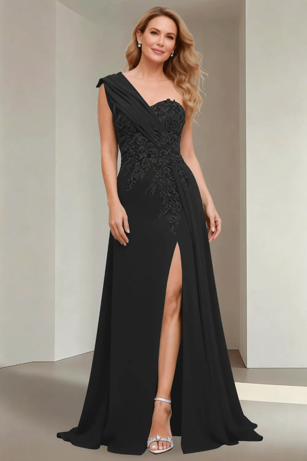 Elegant One Shoulder Lace Bodice Maxi Dress