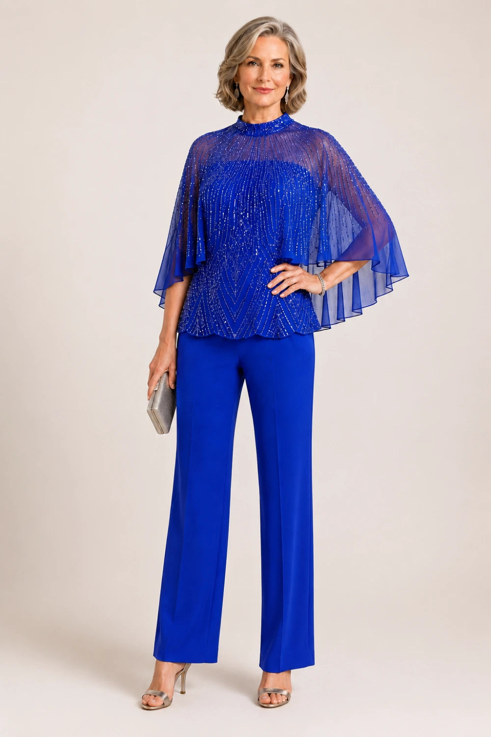 Sequin Mesh Capelet Pant Suit with High Neck
