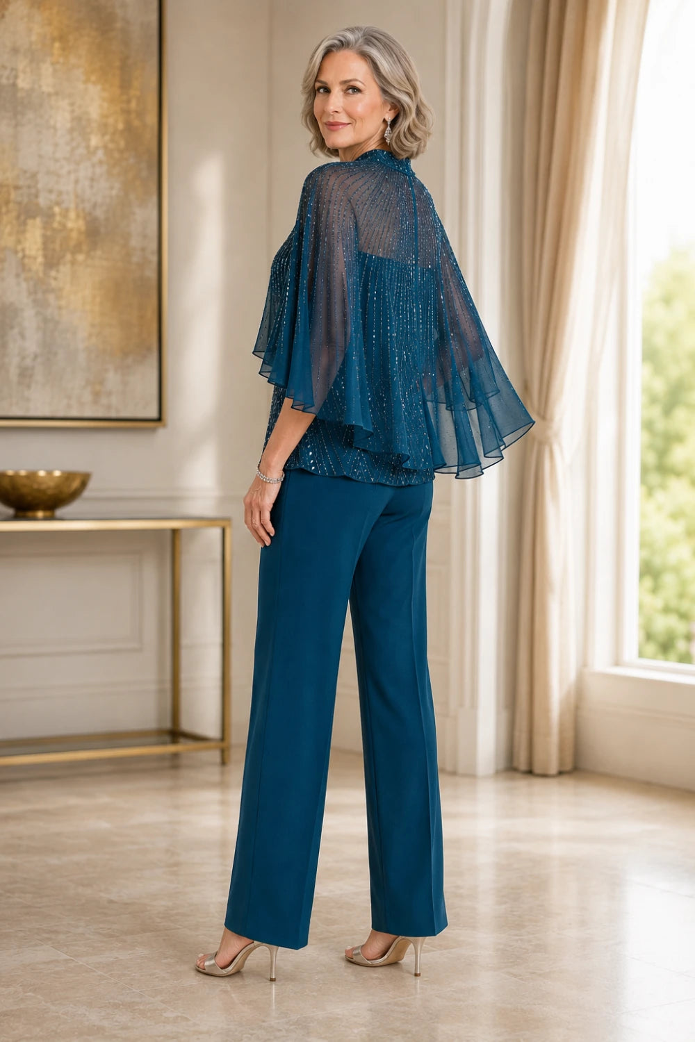 Sequin Mesh Capelet Pant Suit with High Neck