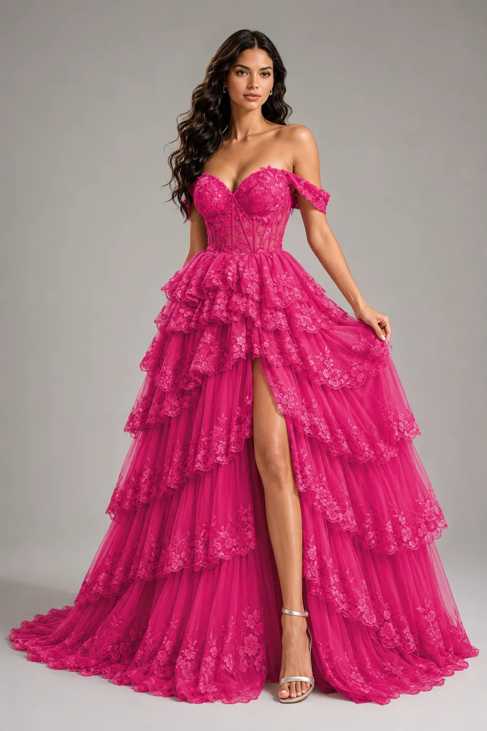 Off‑Shoulder Lace Corset Tiered Tulle Gown