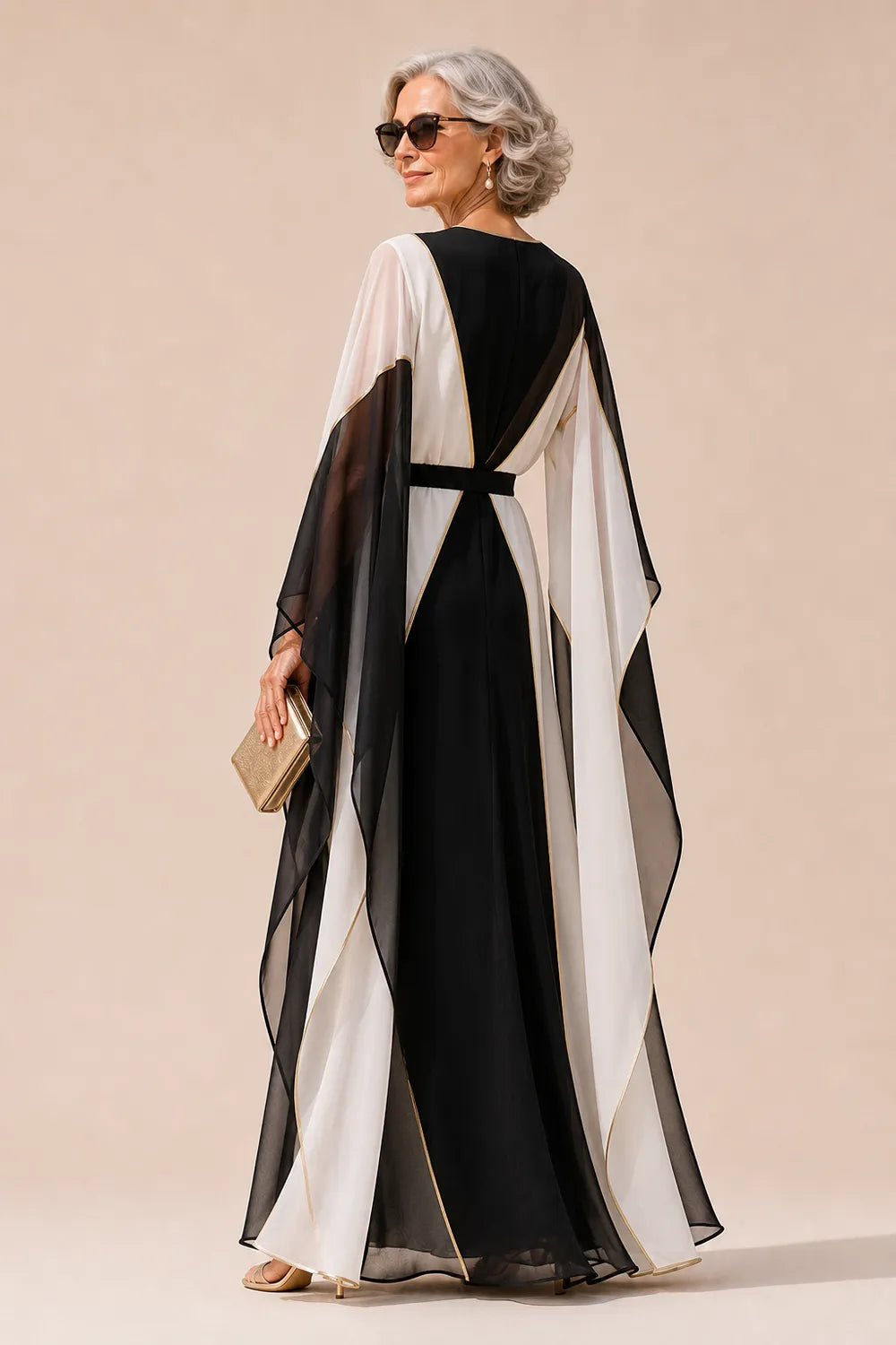 Luxury Colorblock Maxi Dress with Gold Trim