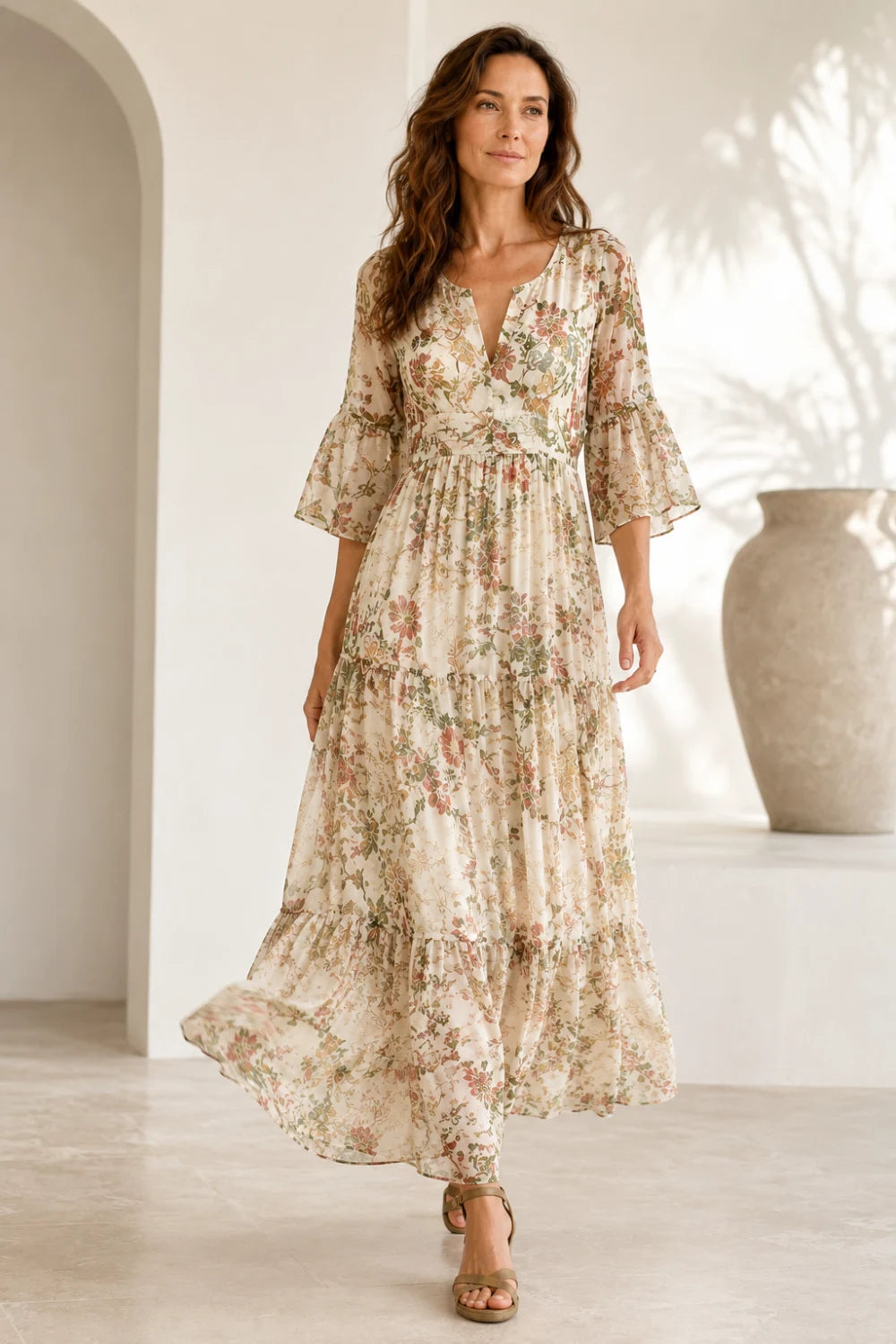 Ivory Botanical Tiered V-Neck Boho Chiffon Maxi Dress