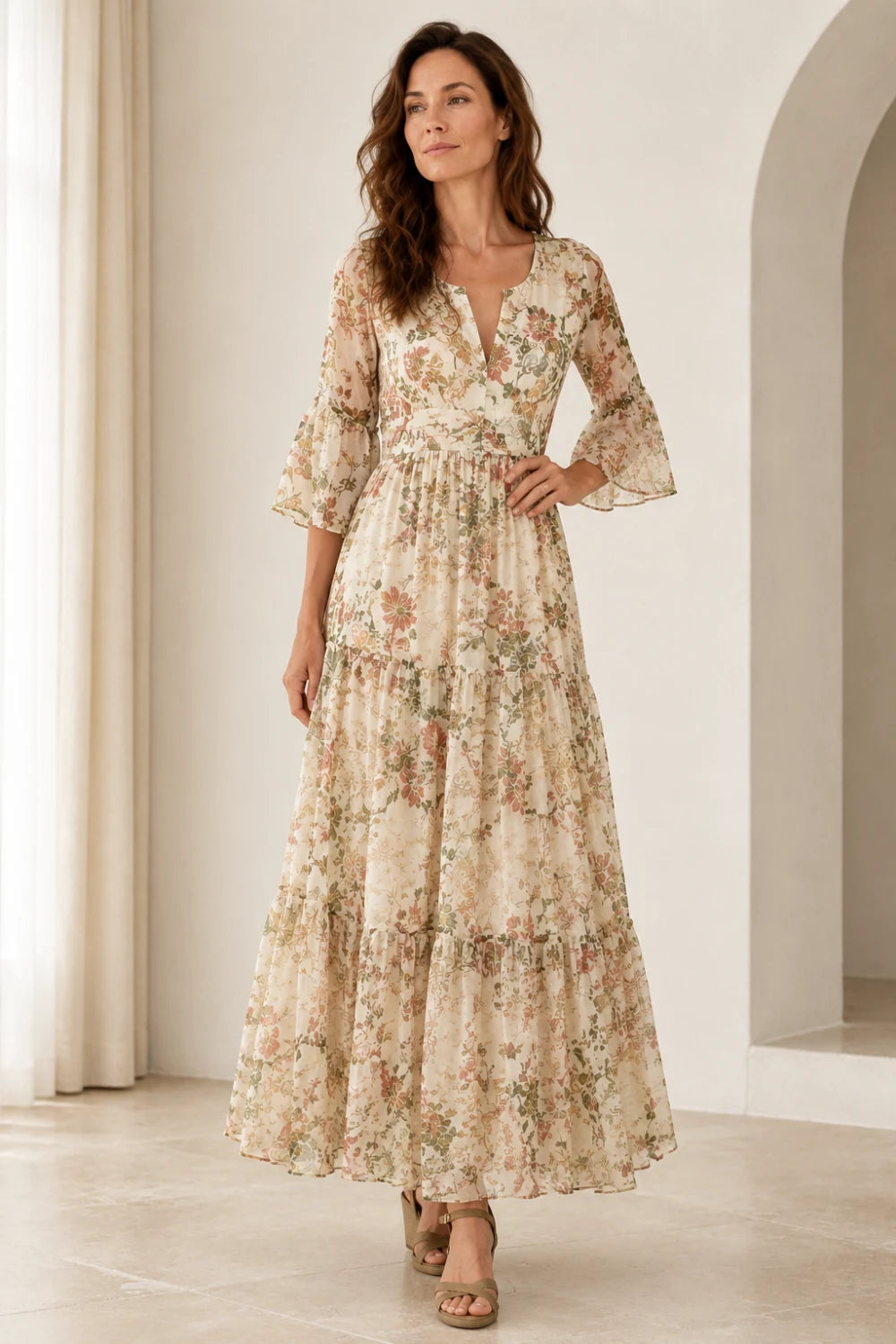 Ivory Botanical Tiered V-Neck Boho Chiffon Maxi Dress