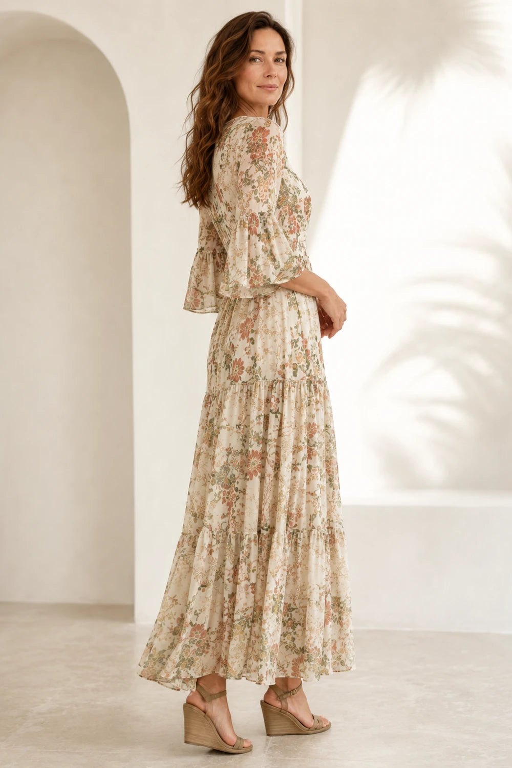 Ivory Botanical Tiered V-Neck Boho Chiffon Maxi Dress