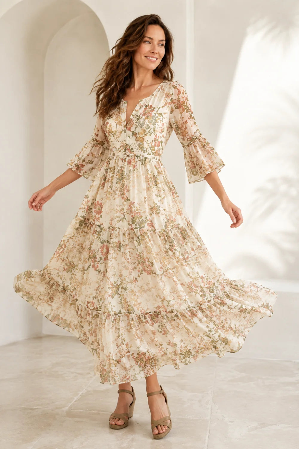 Ivory Botanical Tiered V-Neck Boho Chiffon Maxi Dress