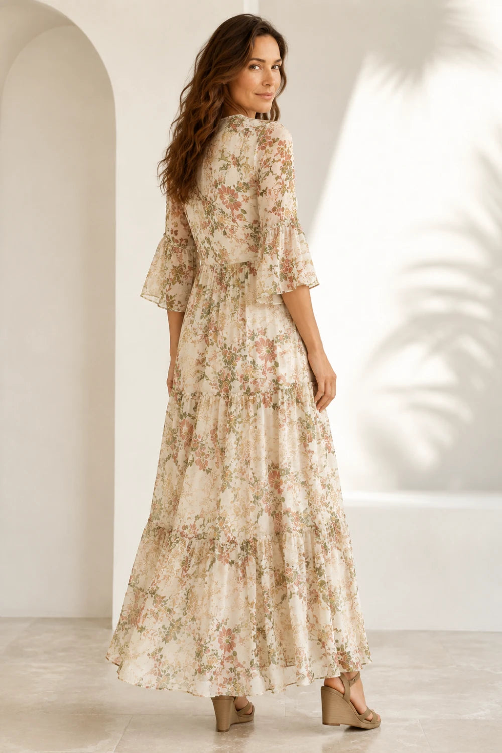 Ivory Botanical Tiered V-Neck Boho Chiffon Maxi Dress