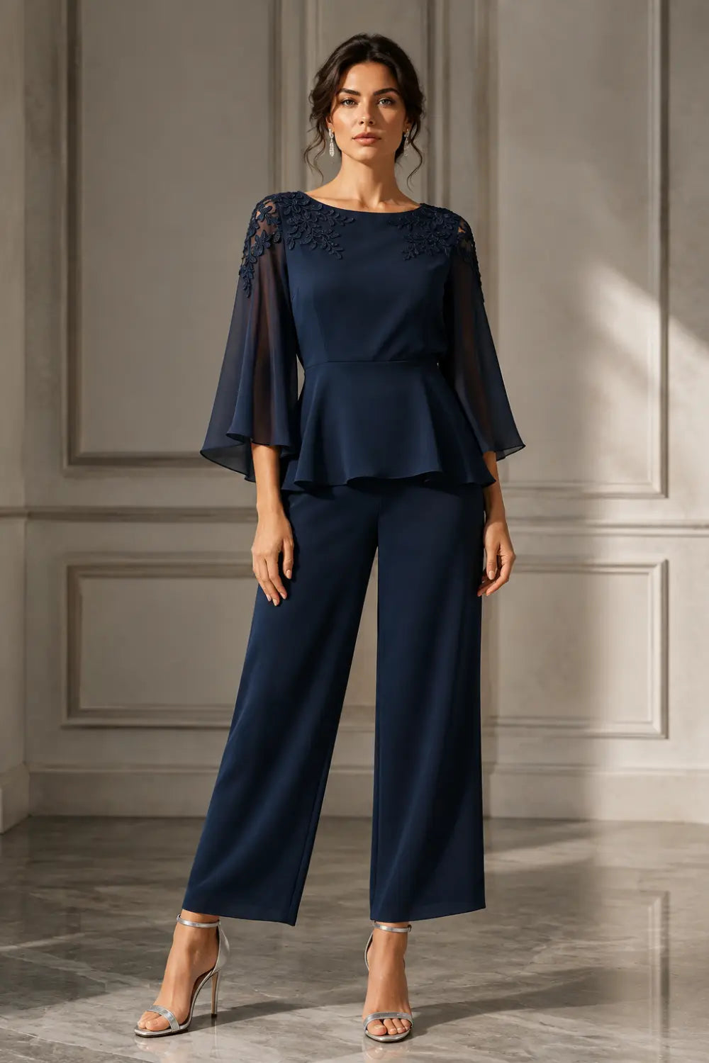 Lace Bodice Chiffon Capelet Pant Suit