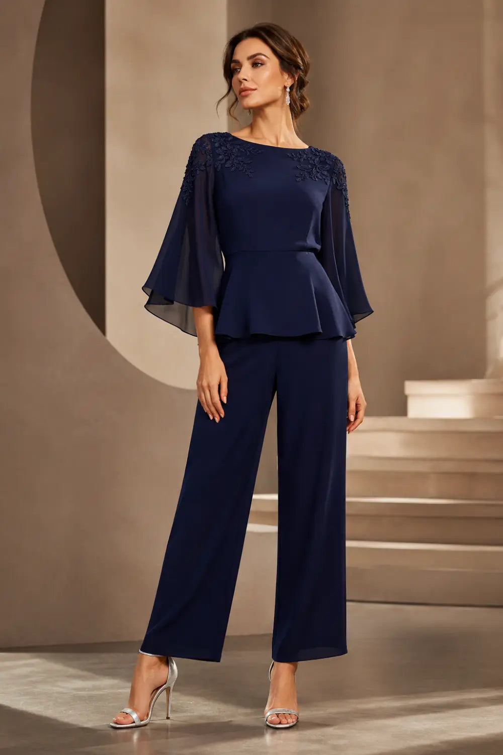 Lace Bodice Chiffon Capelet Pant Suit